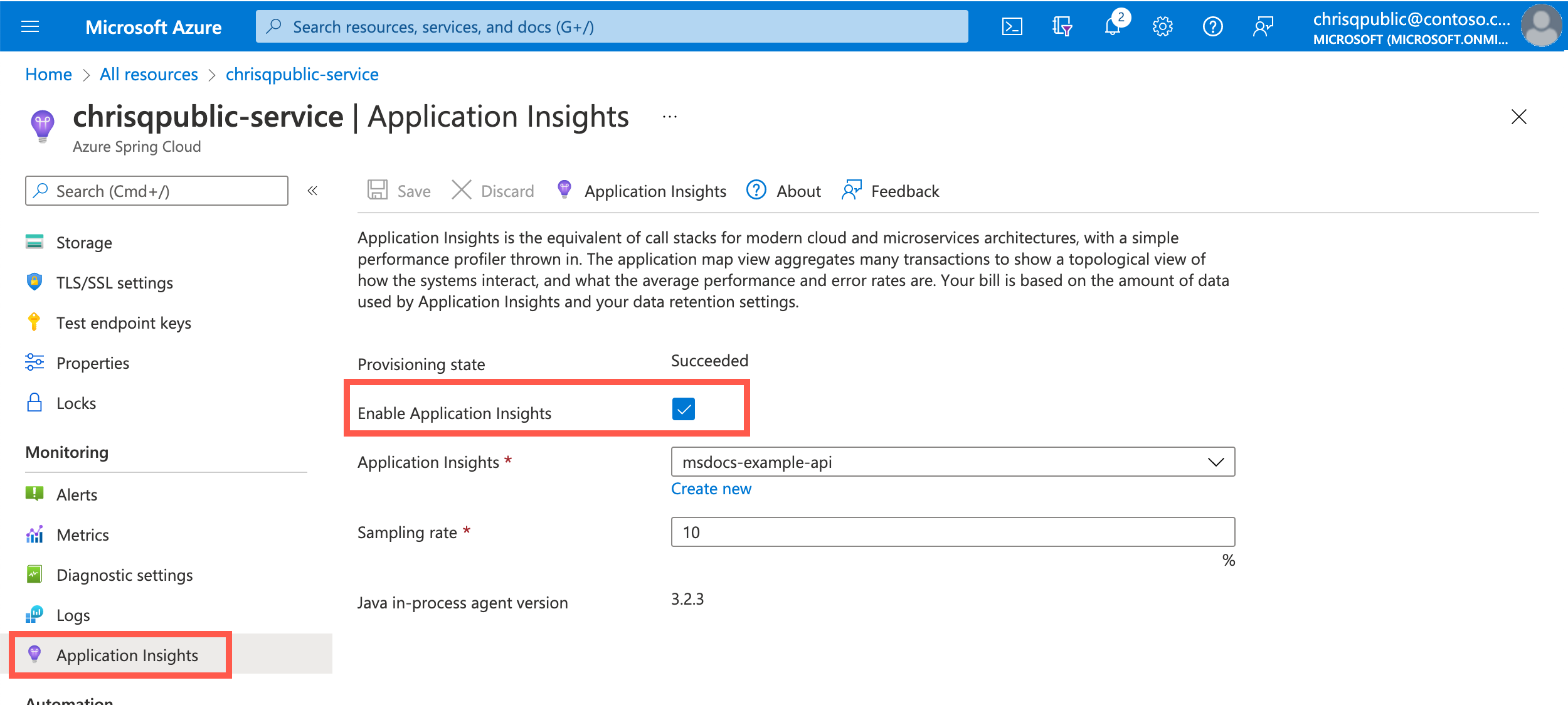 Screenshot of Azure portal Azure Spring Apps instance with Application Insights page showing and 'Enable Application Insights' checkbox highlighted.