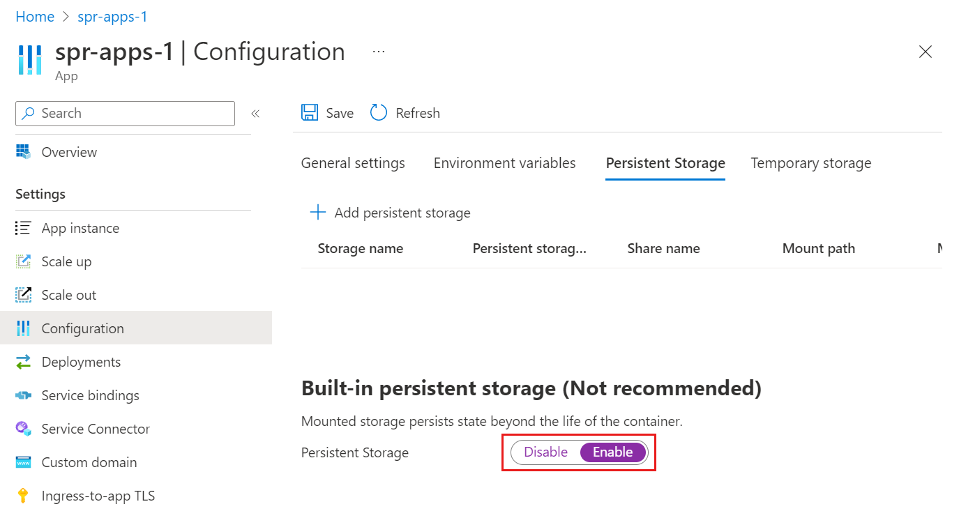 Screenshot of Azure portal showing the Persistent Storage tab.