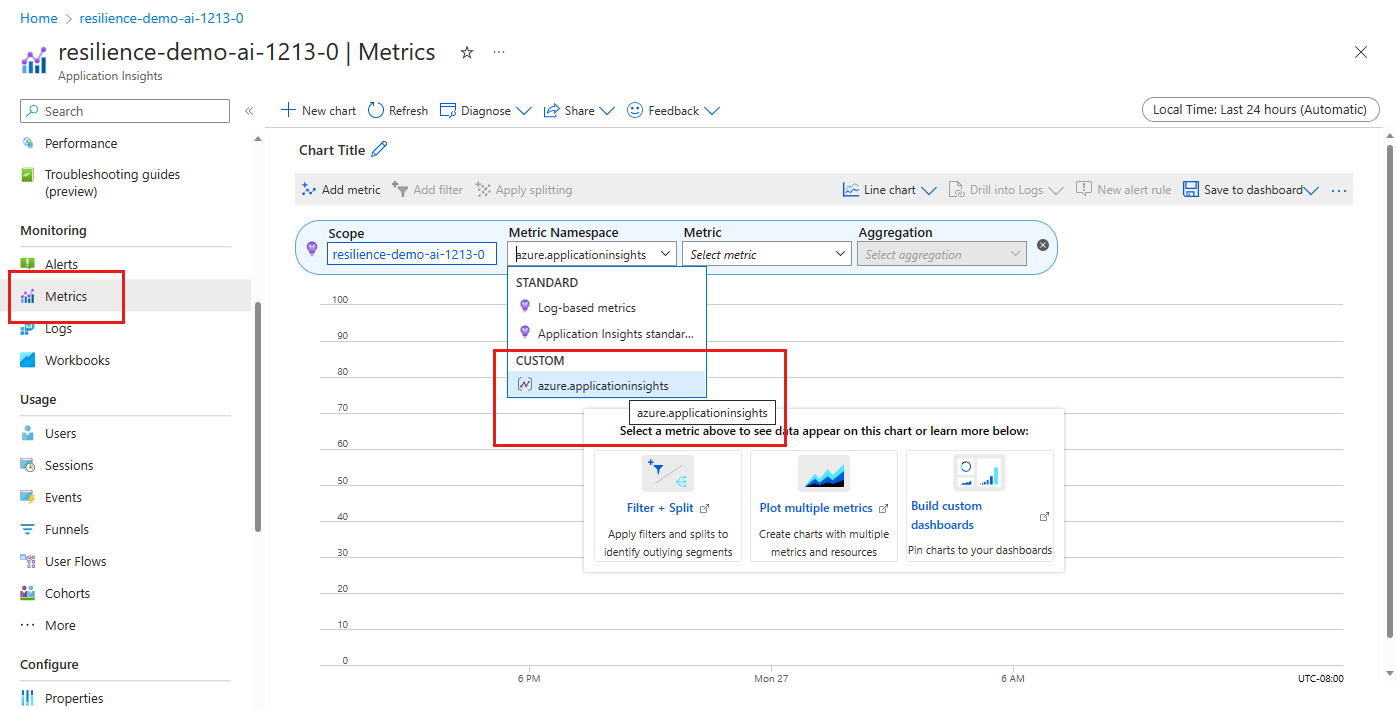 Screenshot of the Azure portal Application Insights Metrics page, with Metrics highlighted in the navigation pane, and with azure-applicationinsights highlighted in the Metric Namespace dropdown menu.