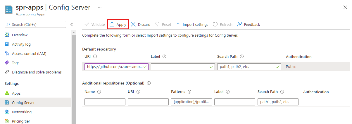 Screenshot of Azure portal showing Config Server page with Apply button highlighted.