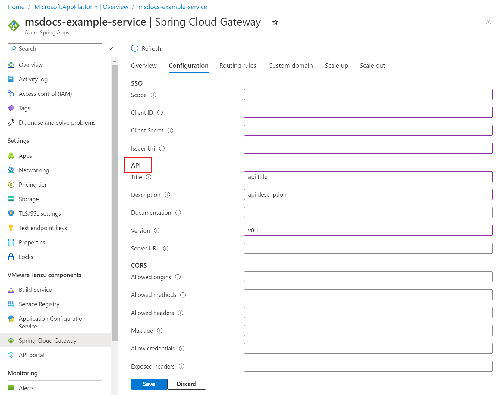 Screenshot of Azure portal showing Azure Spring Apps Spring Cloud Gateway page with Configuration pane showing.