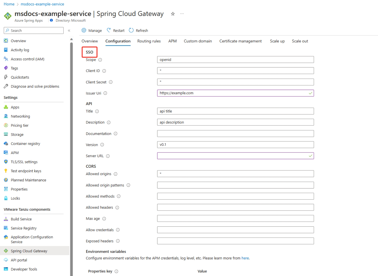 Screenshot of Azure portal showing Azure Spring Apps Spring Cloud Gateway page with Configuration pane showing including Single Sign On Configuration.
