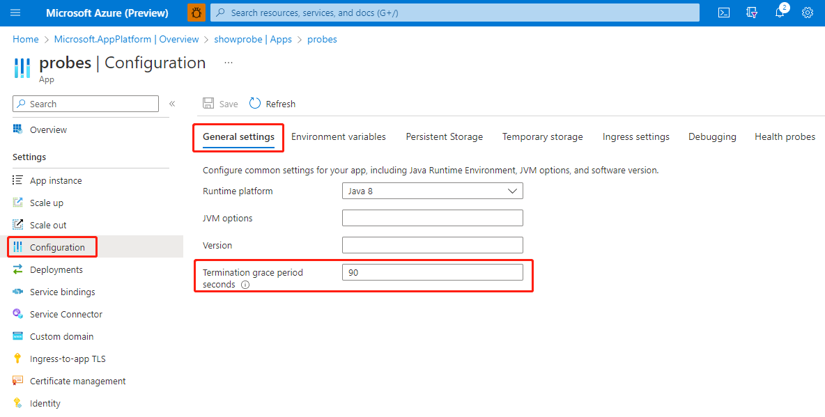 Screenshot of the Azure portal Configuration page showing the General settings tab.