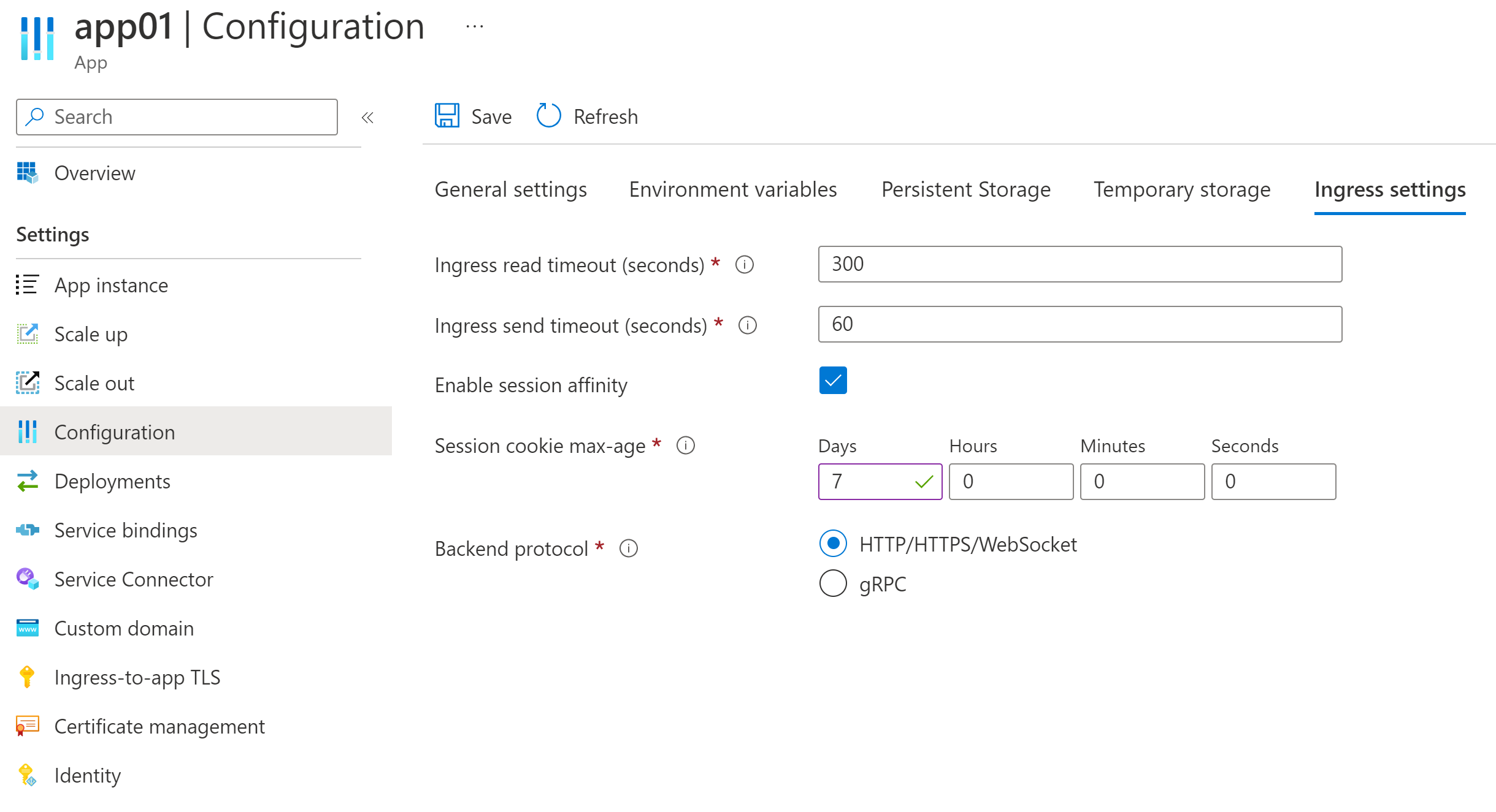 Screenshot of Azure portal Configuration page showing the Ingress settings tab.