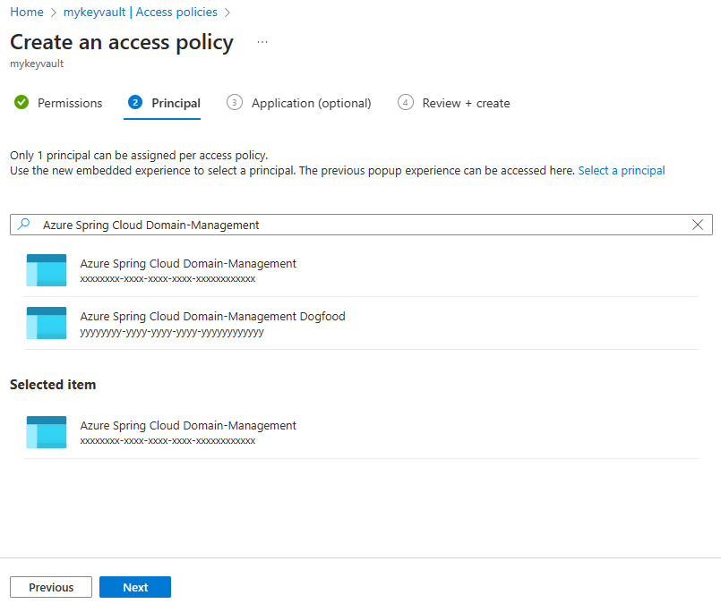 Screenshot of the Azure portal showing the Create Access Policy page for a key vault with Azure Spring Apps Domain-management selected from the Select a principal dropdown.