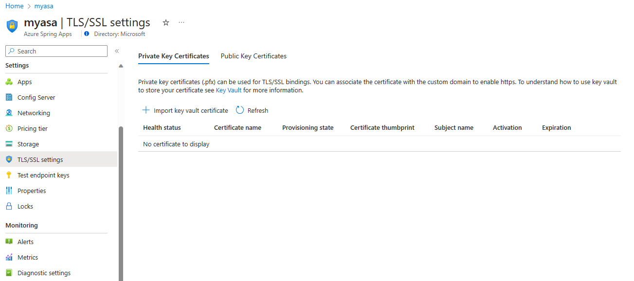 Screenshot of the Azure portal showing the TLS/SSL settings page for an Azure Spring Apps instance, with the Import key vault certificate button highlighted.