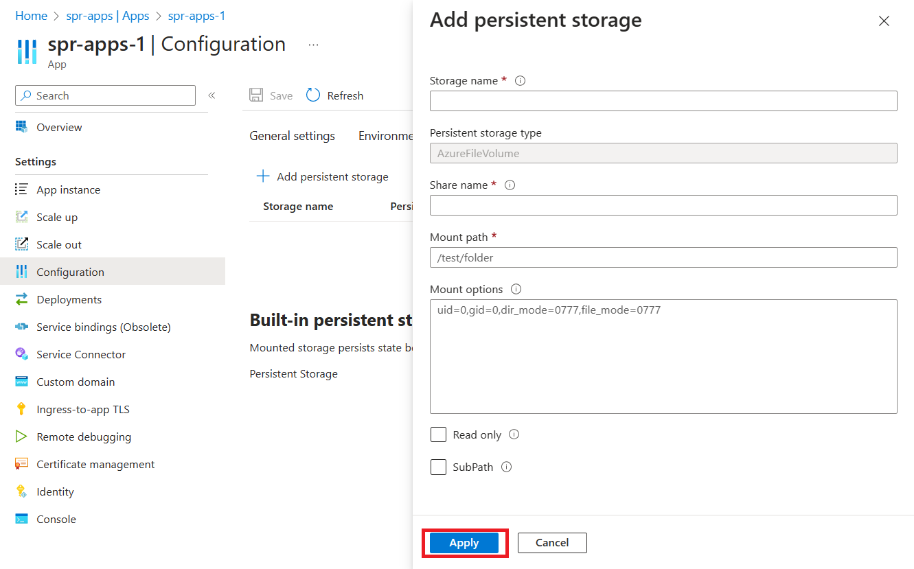 Screenshot of Azure portal showing the Add persistent storage page.