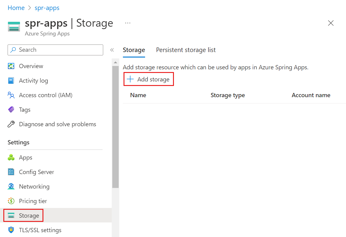 Screenshot of Azure portal showing the Storage page.