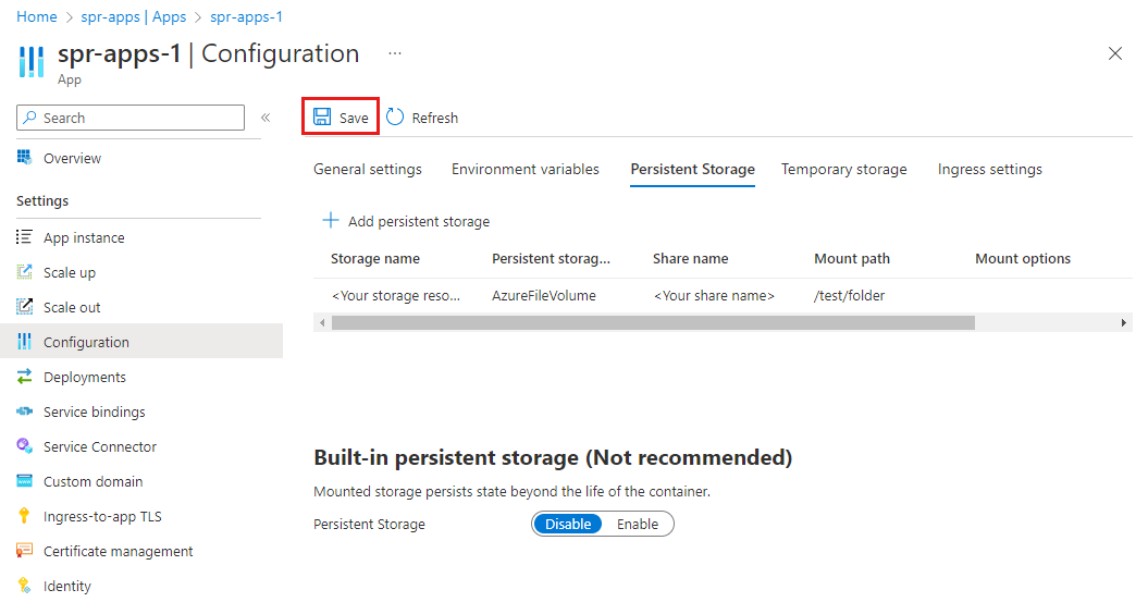 Screenshot of Azure portal showing the Persistent Storage tab of the Configuration page.