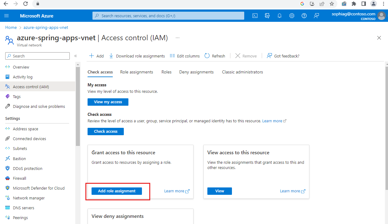 Screenshot of the Azure portal Access Control (IAM) page showing the Check access tab with the Add role assignment button highlighted.