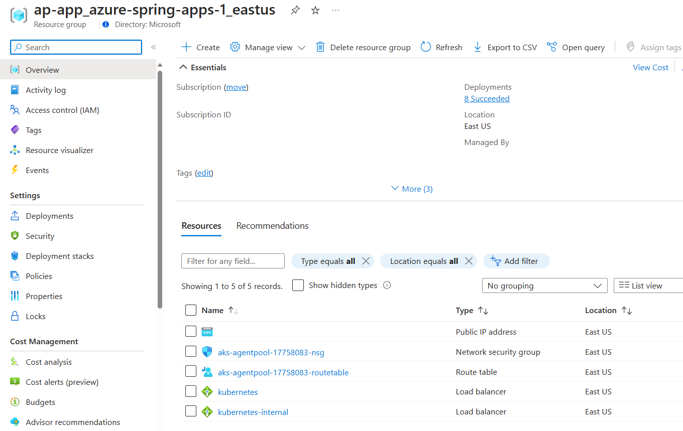 Screenshot of the Azure portal showing the resources for the Spring applications.