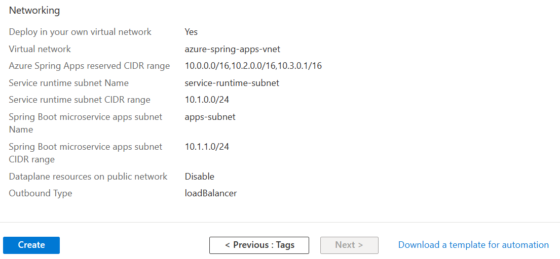 Screenshot of the Azure portal Azure Spring Apps Create page showing the Networking section of the Review and create tab.