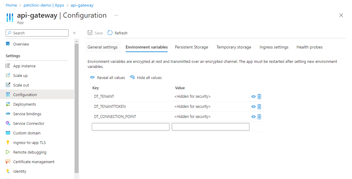 Screenshot of the Azure portal showing the Configuration page for an app with the Environment variables tab selected.