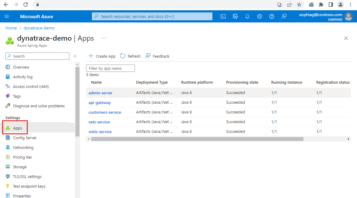 Screenshot of the Azure portal showing the Apps page for an Azure Spring Apps instance.
