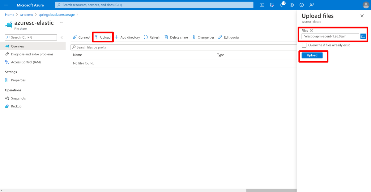 Screenshot of Azure portal showing 'Upload files' pane of 'File share' page.