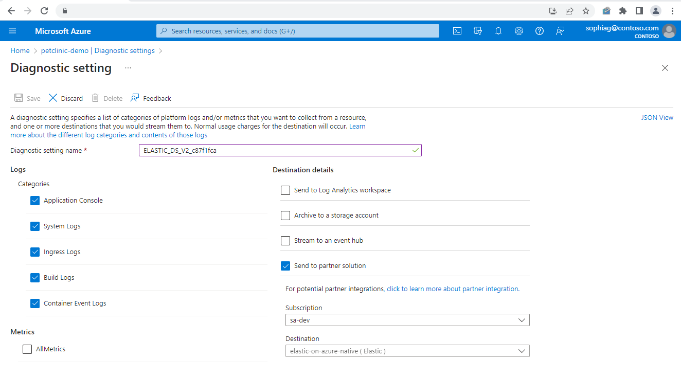 Screenshot of Azure portal showing the Diagnostic setting page with selected options and the name specified for the setting.