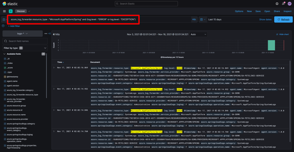 Elastic / Kibana screenshot showing Discover app with error and exception logs displayed.