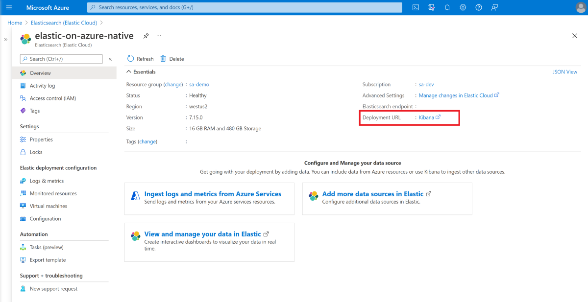 Screenshot of Azure portal showing 'Elasticsearch (Elastic Cloud)' page with Deployment U R L / Kibana highlighted.