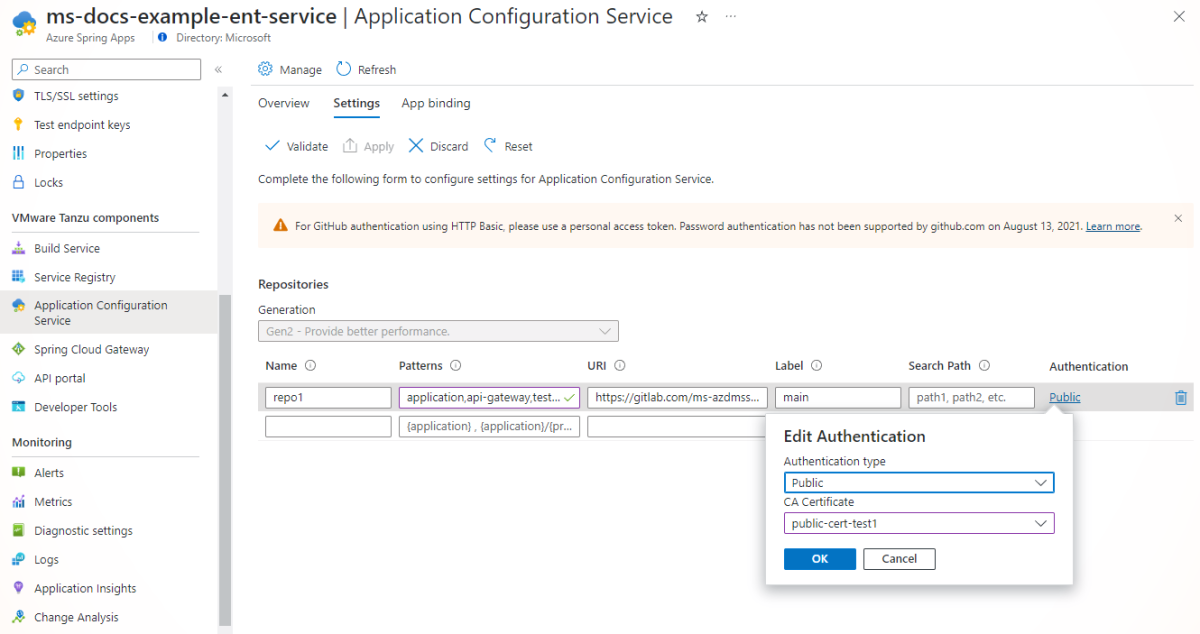 Screenshot of the Azure portal showing the Application Configuration Service page with the Settings tab showing.