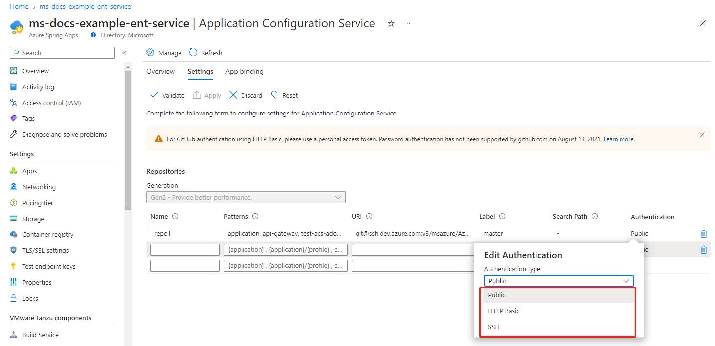 Screenshot of the Azure portal showing the Application Configuration Service page with the Authentication type menu highlighted.