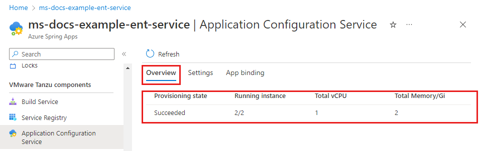 Screenshot of the Azure portal showing the Application Configuration Service page with Overview tab highlighted.