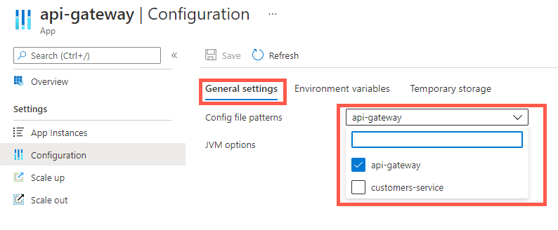 Screenshot of the Azure portal showing the App Configuration page with the General settings tab and api-gateway options highlighted.
