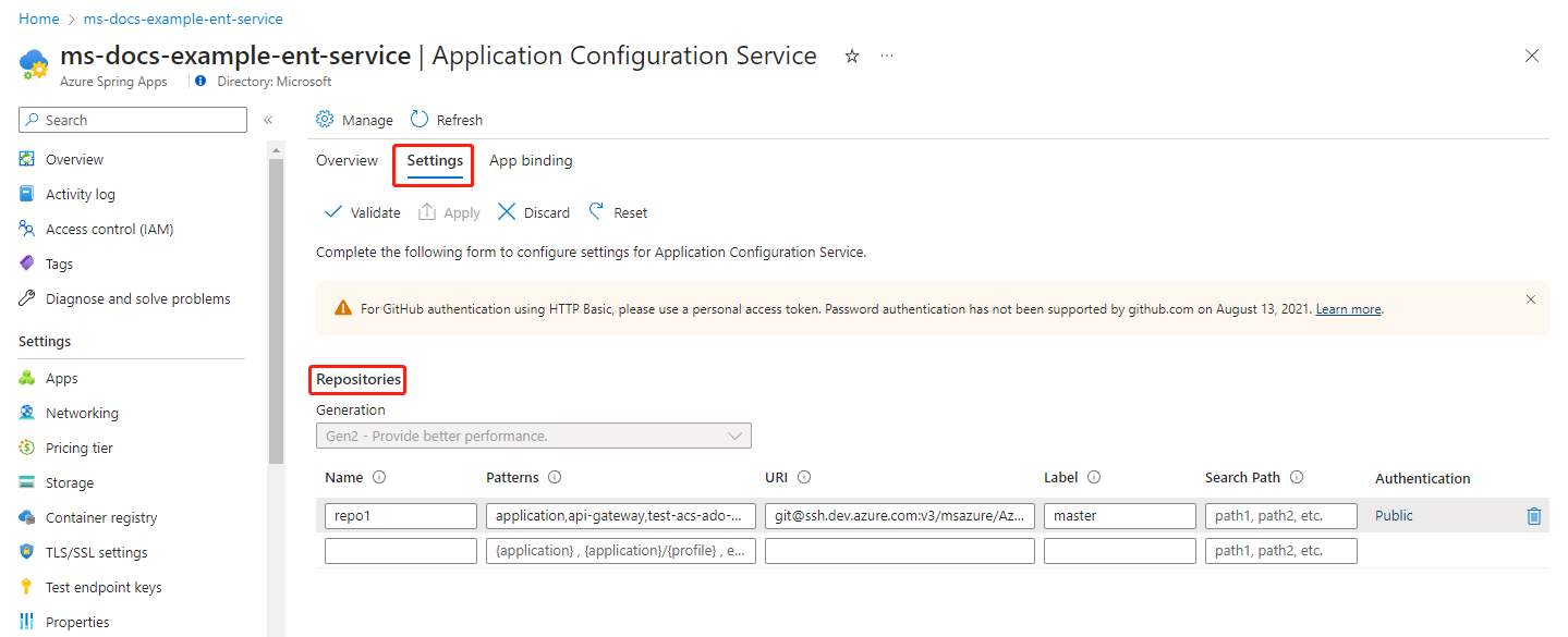 Screenshot of the Azure portal showing the Application Configuration Service page with the Settings tab and Repositories section highlighted.