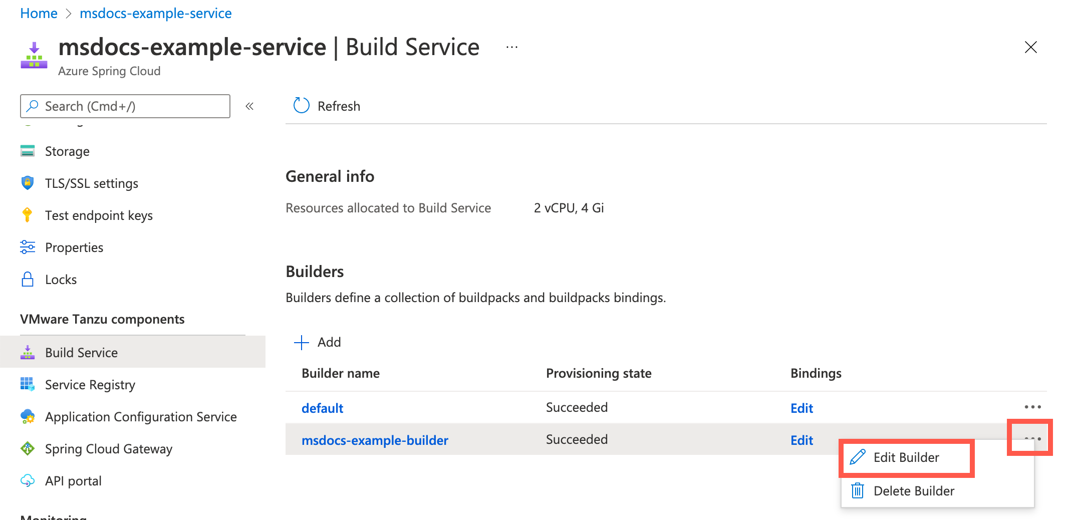 Screenshot of Azure portal showing the Build Service page with builders list and context menu showing the Edit Builder command.