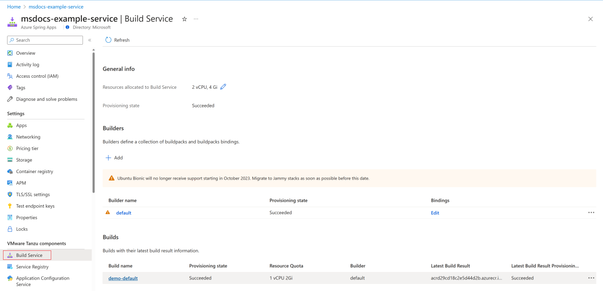 Screenshot of the Azure portal showing the build service page with the current build in the list.
