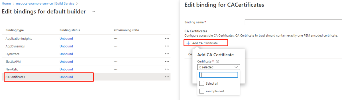 Screenshot of the Azure portal showing the Edit bindings for default builder page with the Edit binding for CA Certificates panel open.