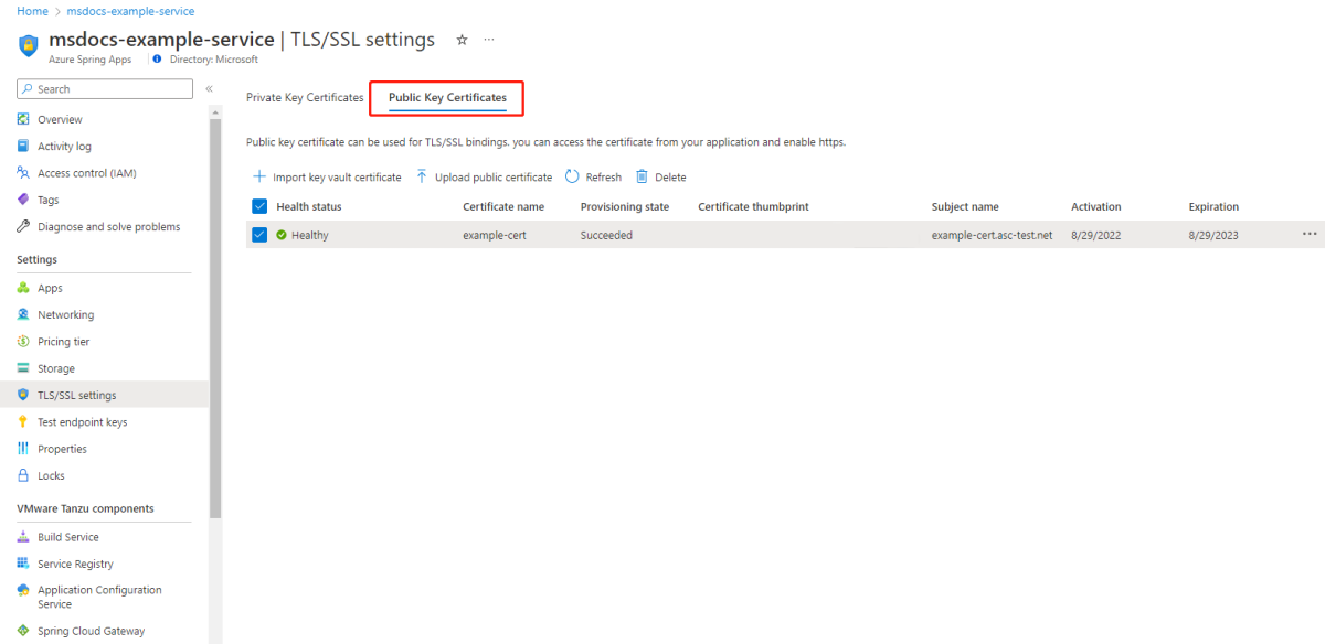 Screenshot of the Azure portal showing the Public Key Certificates section of the TLS/SSL settings page.
