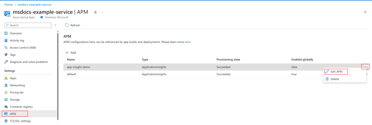 Screenshot of the Azure portal showing the APM configuration page with the Edit APM option selected.
