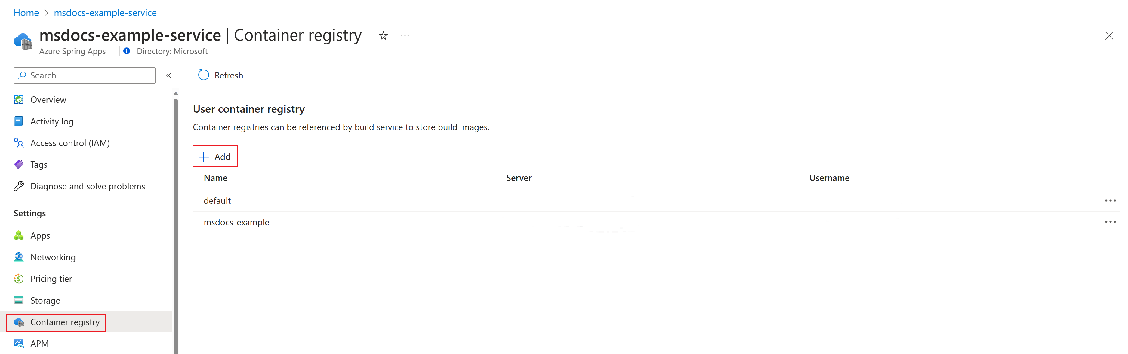 Screenshot of Azure portal that shows the Container registry page with Add container registry button.