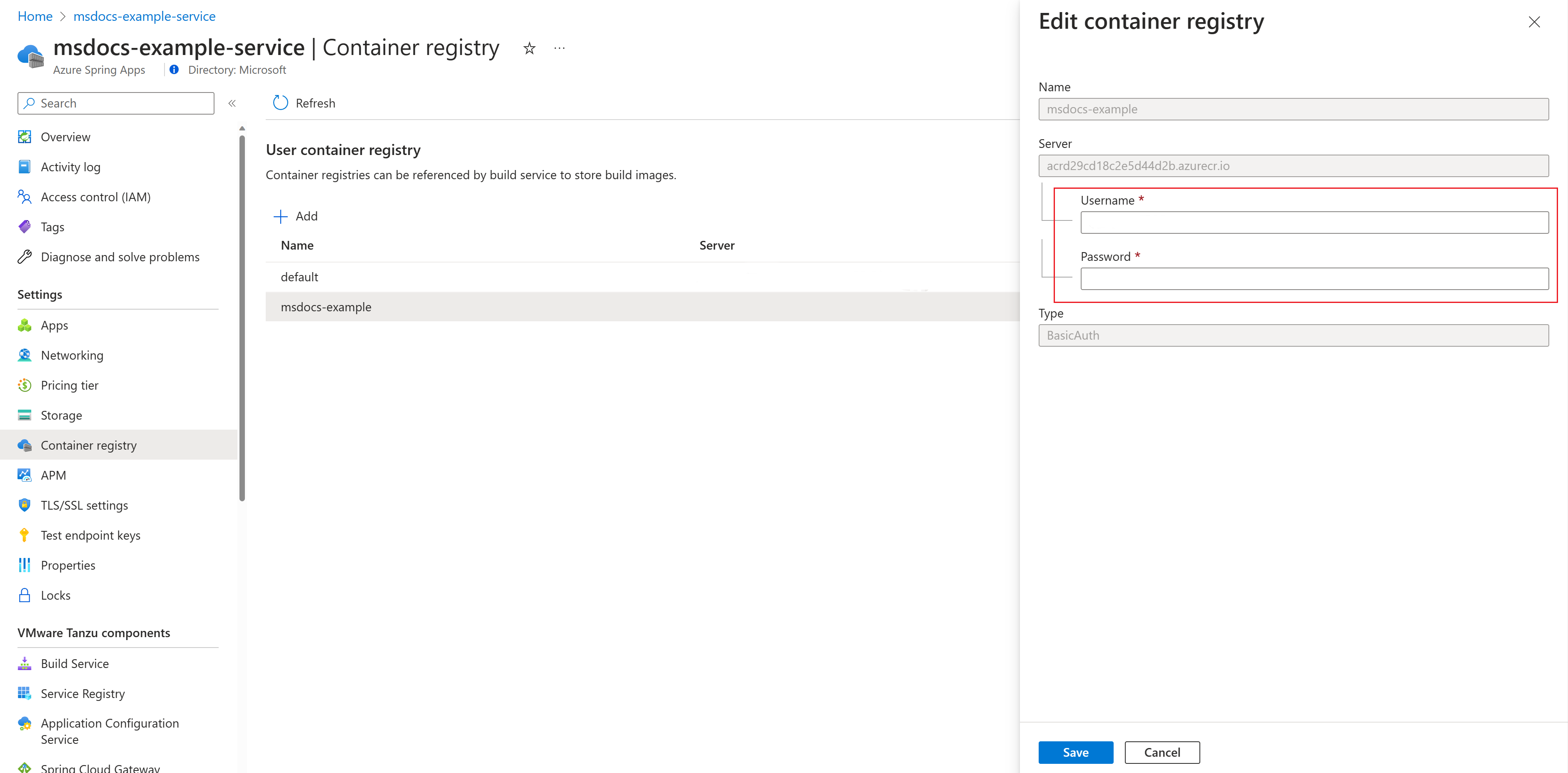 Screenshot of the Azure portal that shows the Container registry page with Edit container registry pane open for the current container registry in the list.