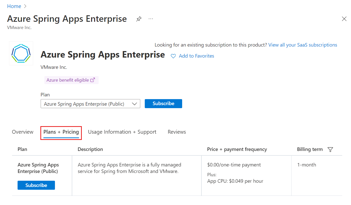 Screenshot of Azure Marketplace showing the Azure Spring Apps Enterprise tier VMware Tanzu offering.