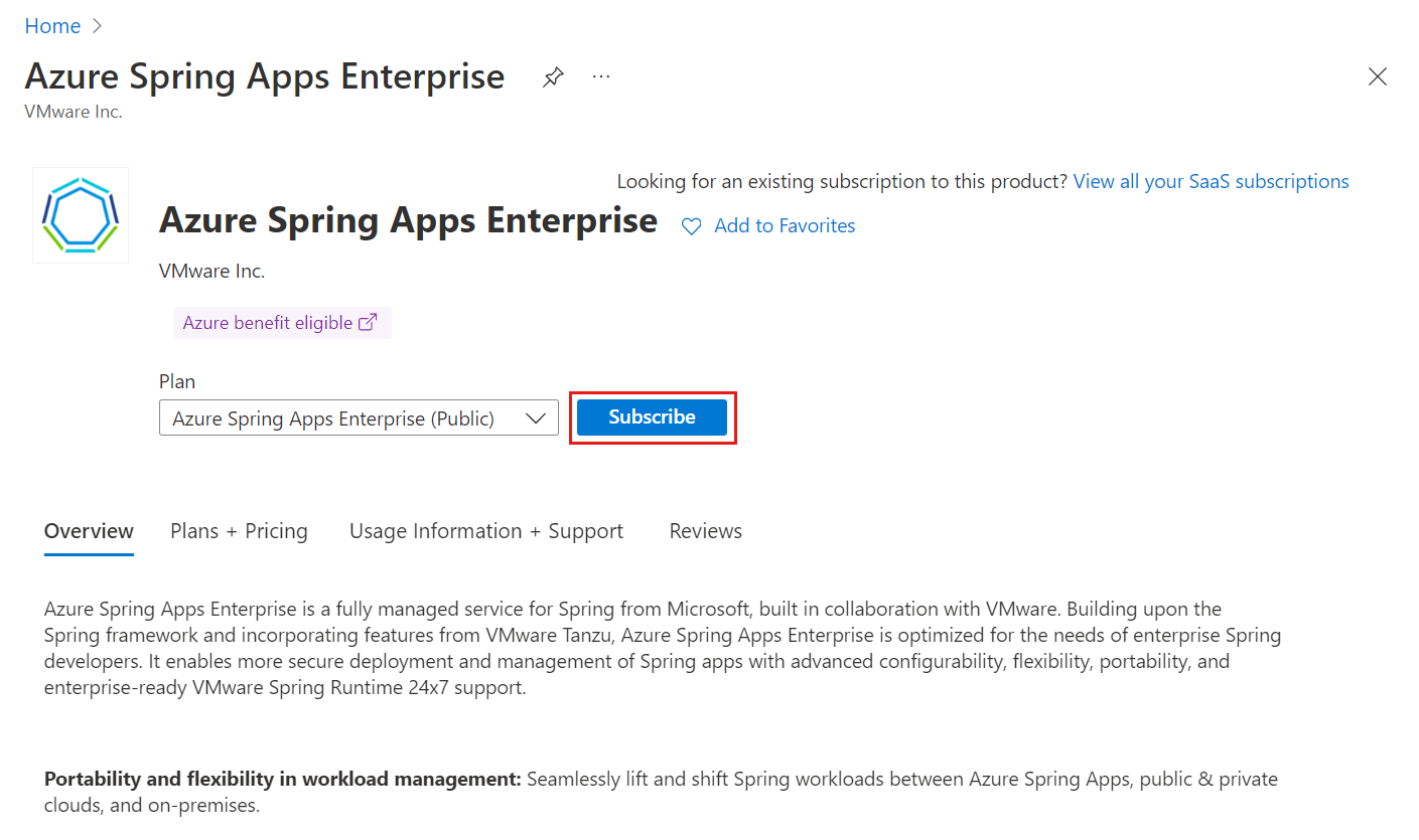 Azure Marketplace screenshot showing Azure Spring Apps Enterprise tier offering with 'Subscribe' highlighted.