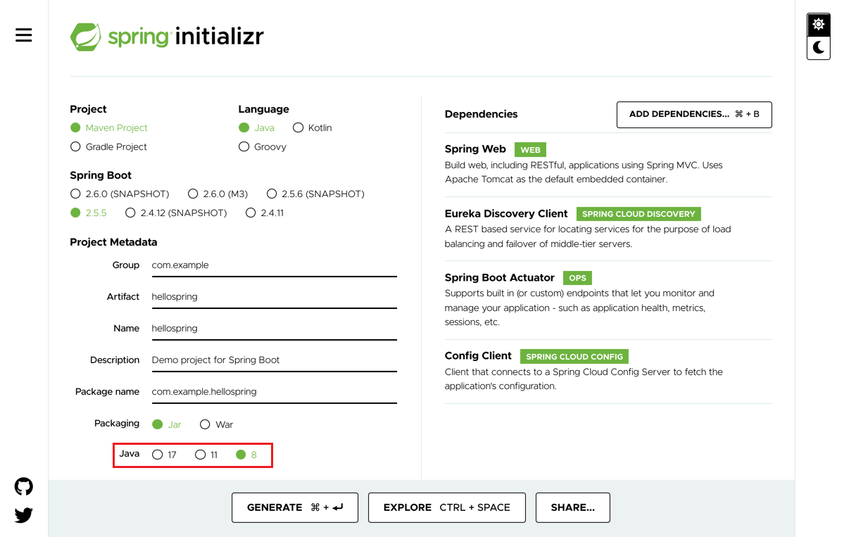 Screenshot of the Spring Initializr page that shows the recommended settings.