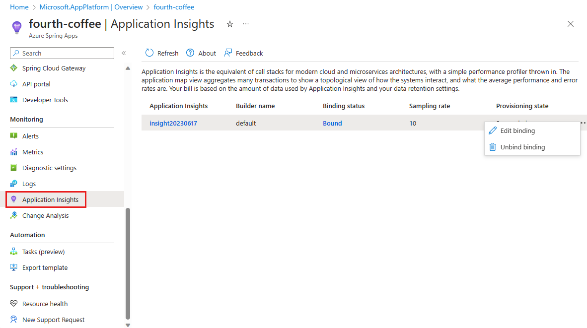 Screenshot of Azure portal Azure Spring Apps instance with Application Insights page showing and drop-down menu visible with 'Edit binding' option.