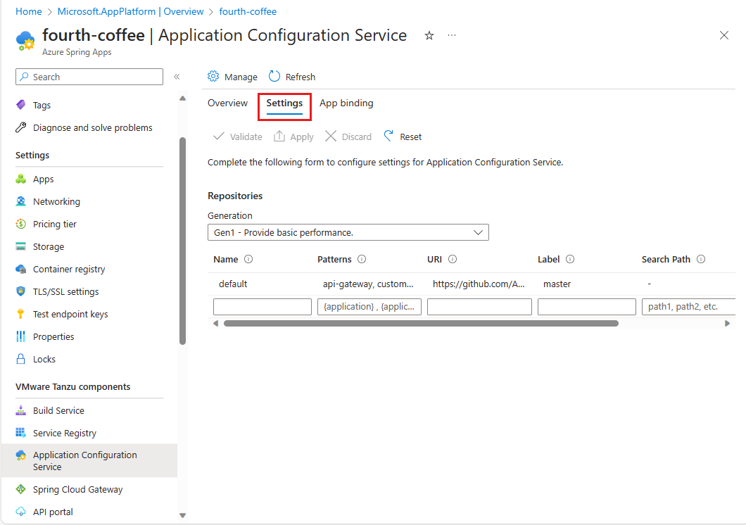 Screenshot of Azure portal Azure Spring Apps with Application Configuration Service page and Settings section showing.