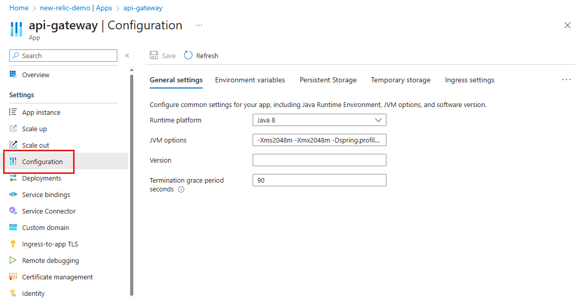 Screenshot of the Azure portal showing the Configuration page for an app with the General settings tab selected.