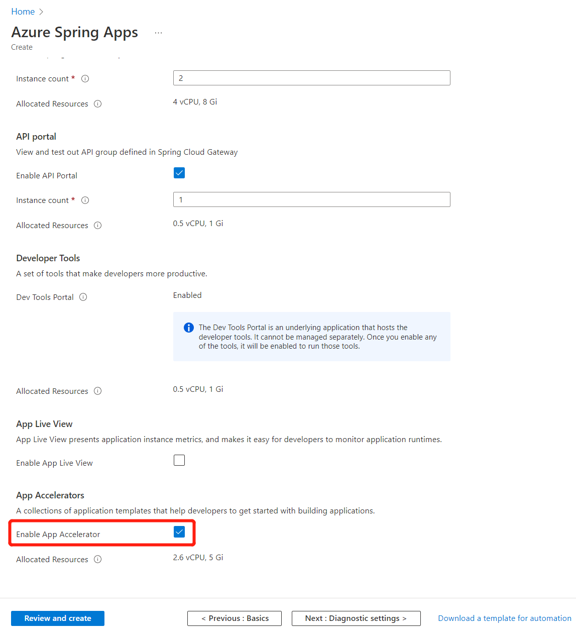 Screenshot of the Azure portal showing the VMware Tanzu settings tab of the Azure Spring Apps Create screen, with the Enable App Accelerator checkbox highlighted.