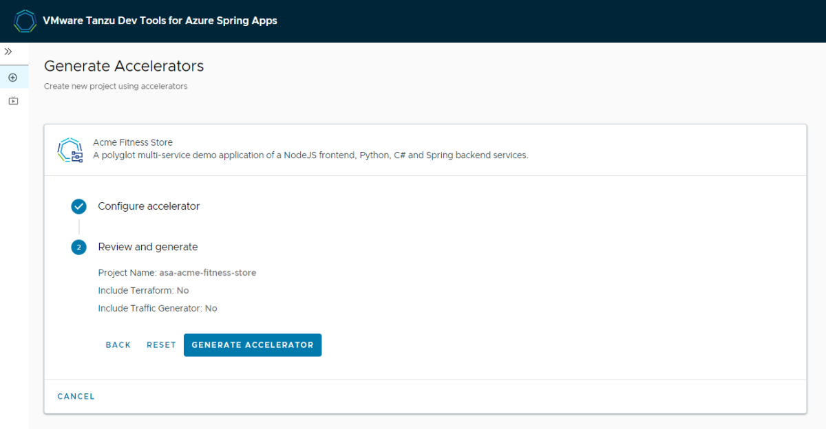 Screenshot of the VMware Tanzu Dev Tools for Azure Spring Apps Generate Accelerators page showing the Review and generate section.
