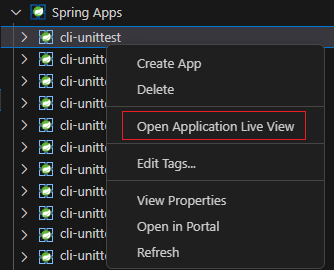 Screenshot of the VS Code extension showing the Open Application Live View option for a service instance.