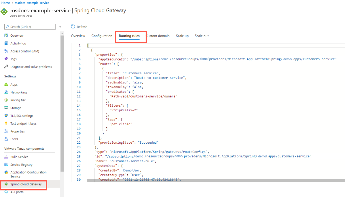 Screenshot of Azure portal Azure Spring Apps Spring Cloud Gateway page showing 'Routing rules' pane.