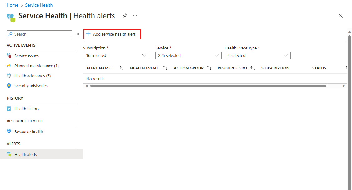 Screenshot of Azure portal health alerts pane with the 'Add service health alert' button highlighted.
