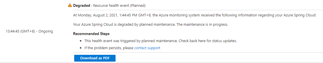 Screenshot of Azure portal example log for planned maintenance in progress.