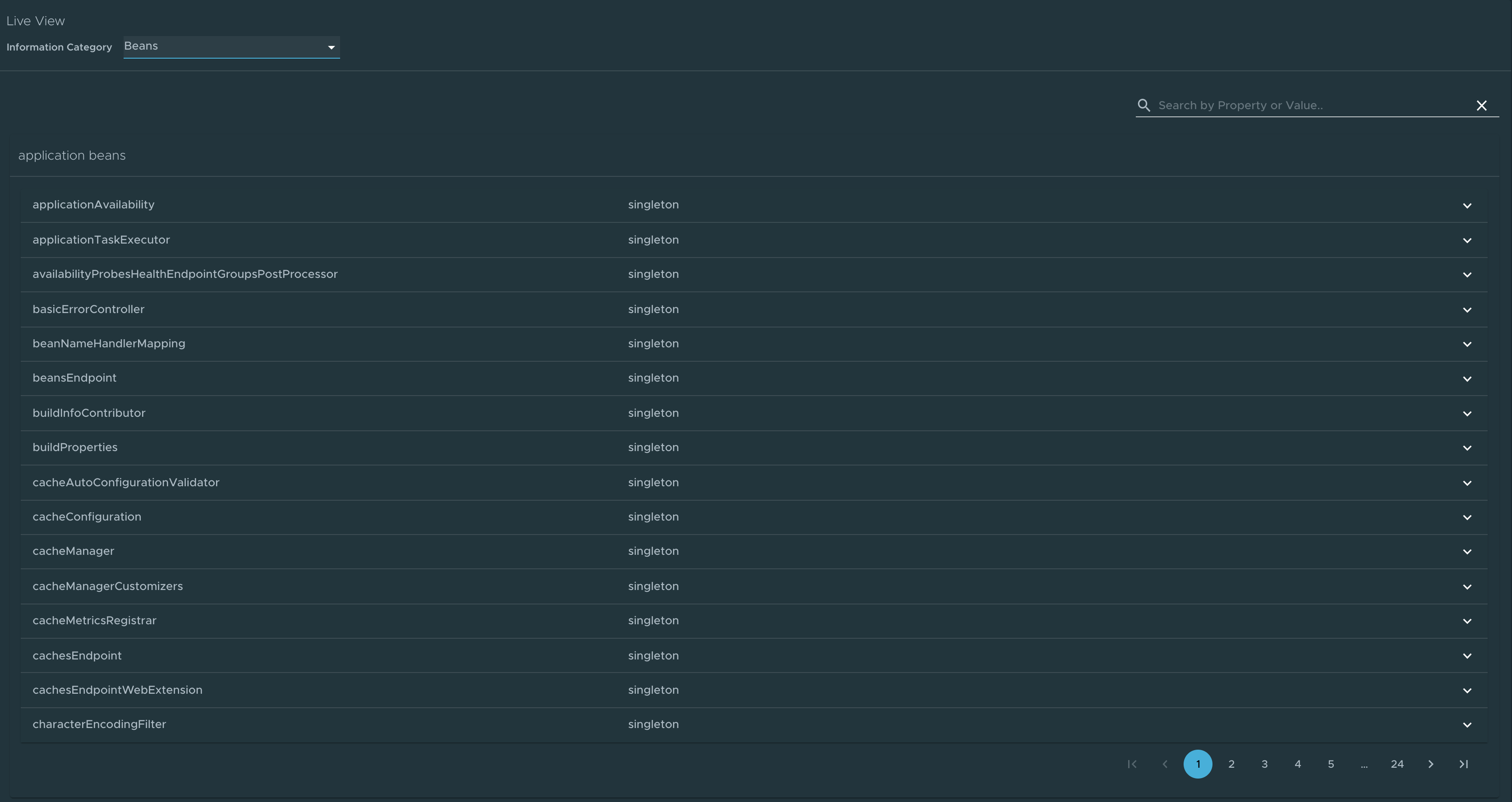 Screenshot of the Beans page in the Application Live View UI.
