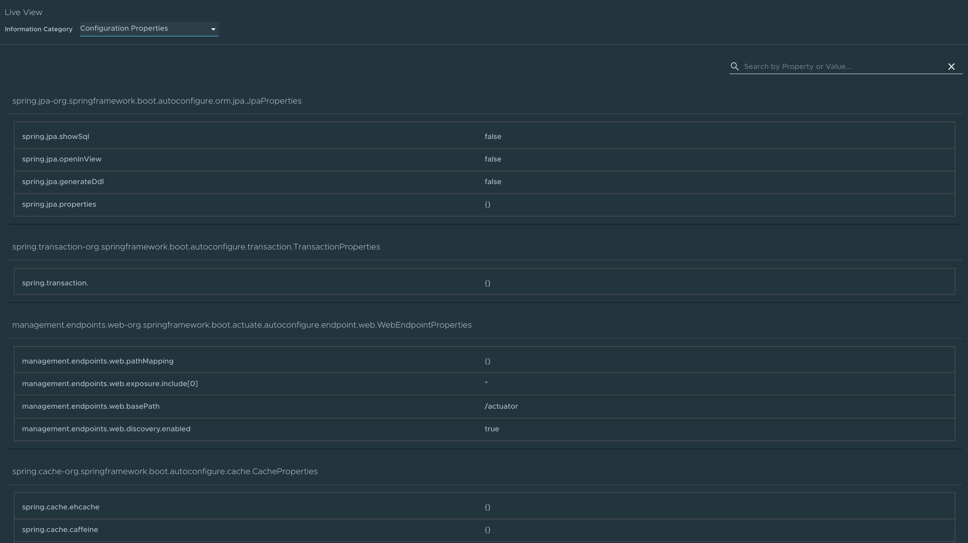 Screenshot of the Configuration Properties page in the Application Live View UI.