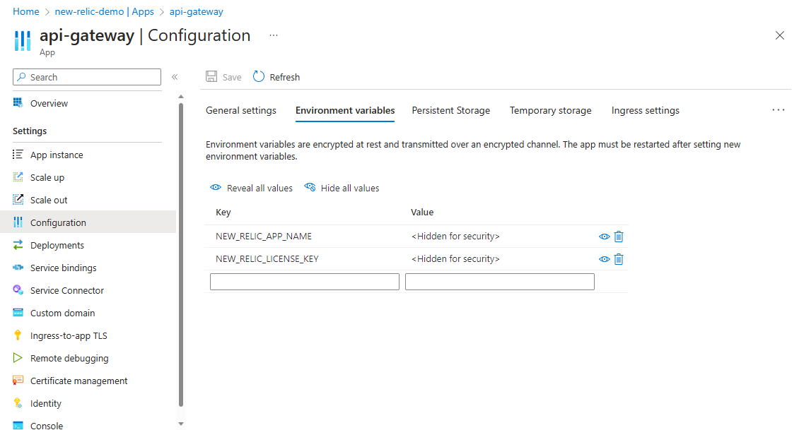 Screenshot of the Azure portal showing the Configuration page for an app in an Azure Spring Apps instance, with the Environmental variables tab selected.