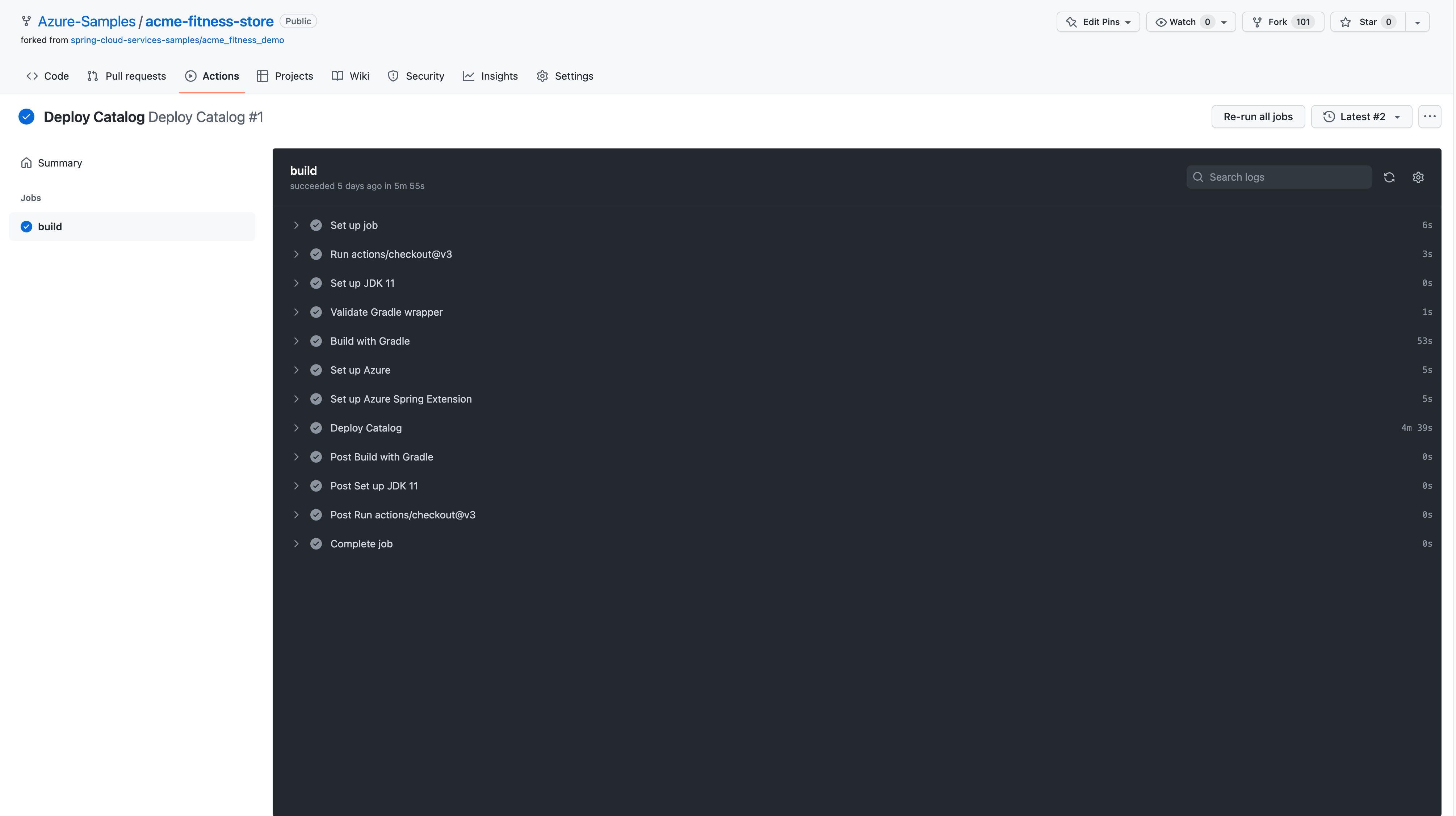 Screenshot of GitHub showing output from the Deploy Catalog workflow.